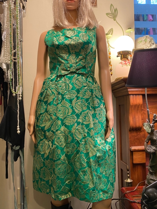 Women's Vintage Green with Gold Flower Dress