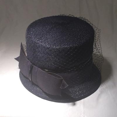 Vintage Women’s Dark Blue Hat with blue ribbon and netting on top, size 21 inches