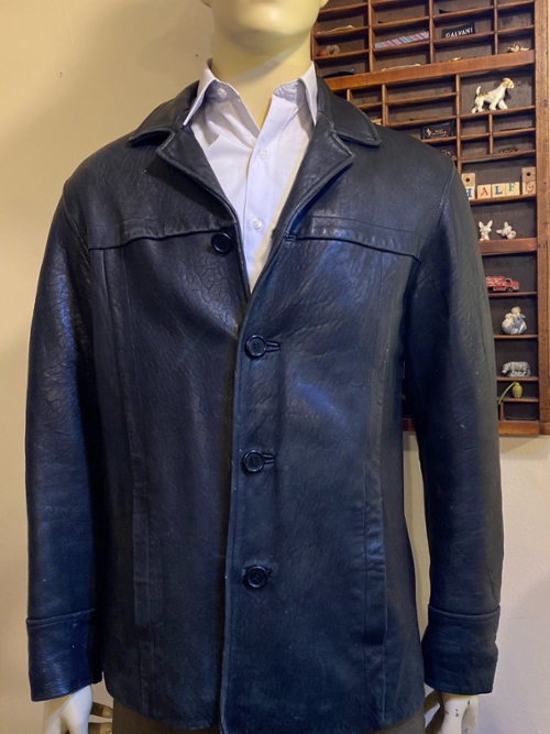 Men’s Vintage Black Leather Jacket with Buttons